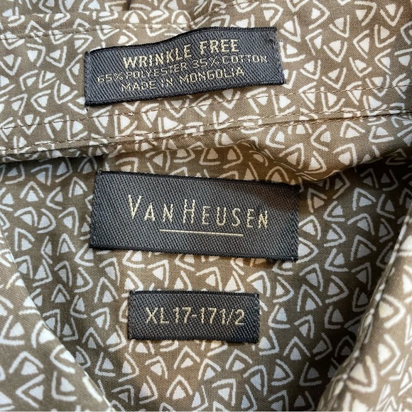 Van Heusen Men XL Olive/light tan geometric pattern short sleeve button up Shirt - Picture 6 of 6